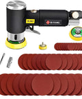 Pneumatic Orbital Sander Kit 1 2 3 Inch With 45 Discs And 3 Backing Pads, showing sander, discs, and accessories