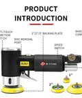 Side view of Pneumatic Orbital Sander Kit 1 2 3 Inch With 45 Discs And 3 Backing Pads, showing features and size options.