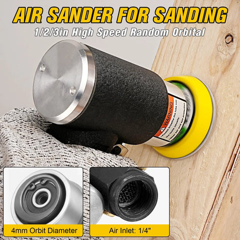 Pneumatic Orbital Sander Kit 1 2 3 Inch With 45 Discs And 3 Backing Pads in use on wood surface.
