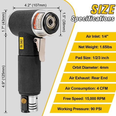 Pneumatic Orbital Sander Kit 1 2 3 Inch With 45 Discs And 3 Backing Pads size specifications details.