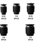 Front view of 30 Pack Pneumatic Cap Style Plug Fittings Set With Push To Connect Air Line Plugs For Five Thirty Second Inch One Quarter Inch Five Sixteenth Inch Three Eighth Inch And One Half Inch Tubing Durable PBT Body POM Release Button Zinc Alloy Ferrule showing five different sizes.