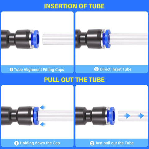 Diagram of how to insert and pull out tubing using the 30 Pcs Pneumatic Straight Push Connectors Set Plastic Quick Release Air Line Fittings.