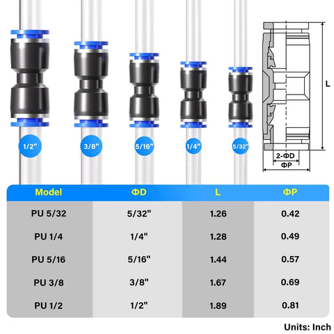 30 Pcs Pneumatic Straight Push Connectors Set showing various sizes and dimensions for quarter inch to three eighth inch tubing.