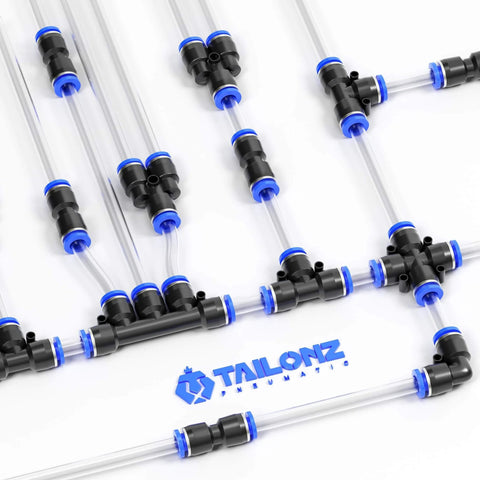 30 Pcs Pneumatic Straight Push Connectors Set Plastic Quick Release Air Line Fittings with PU Tubes in Grid Formation