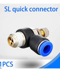 Pneumatic quick connect connector air speed regulating valve Accelerator valve, SL12-01, brass and plastic fittings, side view.