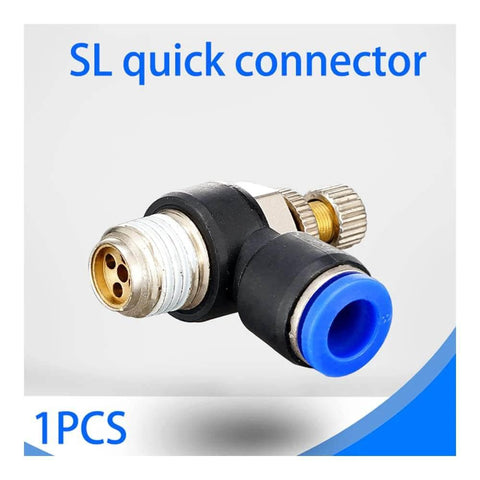 Pneumatic quick connect connector air speed regulating valve Accelerator valve, SL12-01, brass and plastic fittings, side view.