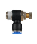 Pneumatic quick connect connector air speed regulating valve Accelerator valve, SL12-01 in side view, black and brass fittings.