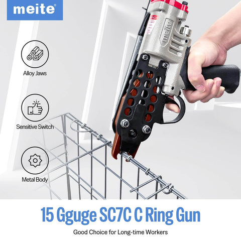 Compact Pneumatic Hog Ring Gun With 15 Gauge 3/4 Inch Crown Pliers being used on wire fence, metal body and alloy jaws visible