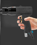 Industrial Grade Pneumatic Rivet Nut Gun Kit With Heads For 10-24 1/4 5/16 And 3/8 Inch Sizes Quick Change Nosepiece 20 Mandrels Included Air Rivnut Pull Setter For Auto Body Metal Fabrication And Heavy Duty DIY Projects being used on metal surface