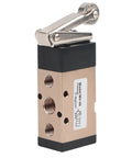 2 Position 5 Way Pneumatic Hand Pull Valve Roller Type Pneumatic Mechanical Valve 1/4" PT Port Aluminum Alloy Pneumatic Switch Valve MV-09 Pneumatic Control Reversing Valve shown from the front with roller lever