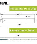 Diagram of Heavy Duty Pneumatic Screen And Storm Door Closer With Wind Chain For Tough Exterior Doors, model 8730 dimensions shown