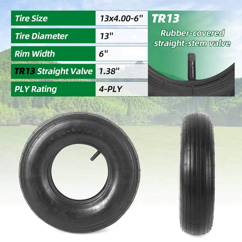 4.00-6 replacement pneumatic tires and inner tubes, universal fit 13” tires, TR13 straight valve, for wheelbarrows and carts