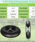 Tire specifications for 4.80/4.00-8 pneumatic tire and wheel, including size and hub details, shown with measurements and diagram.