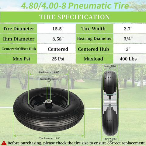 Tire specifications for 4.80/4.00-8 pneumatic tire and wheel, including size and hub details, shown with measurements and diagram.