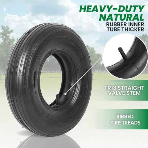 4.00-6 replacement pneumatic tire with tr13 straight valve stem and ribbed treads, universal fit for wheelbarrows and gorilla carts