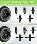 Universal pneumatic wheelbarrow tire with adjustable spacers for 3-7 inch hub, showing 2 pack 4.80/4.00-8 tire and wheel design
