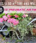 10" heavy-duty replacement tires, 4.10/3.50-4" for garden wagons with pink flowers in wheelbarrow, pneumatic air tires