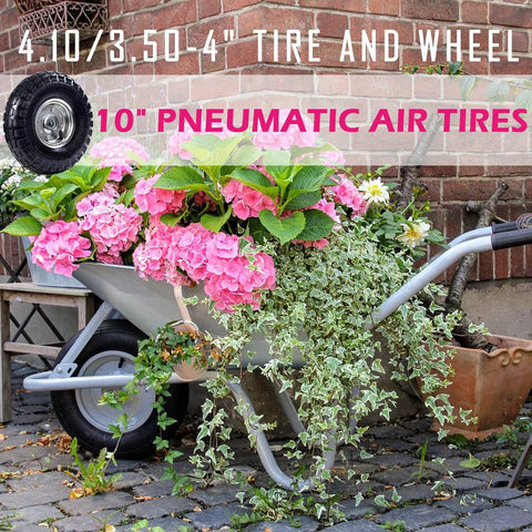 10" heavy-duty replacement tires, 4.10/3.50-4" for garden wagons with pink flowers in wheelbarrow, pneumatic air tires
