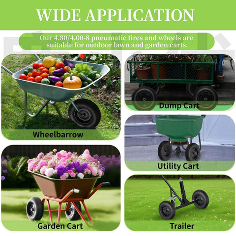 Wide application of 4.80/4.00-8 pneumatic tires for wheelbarrow, dump cart, utility cart, garden cart, and trailer