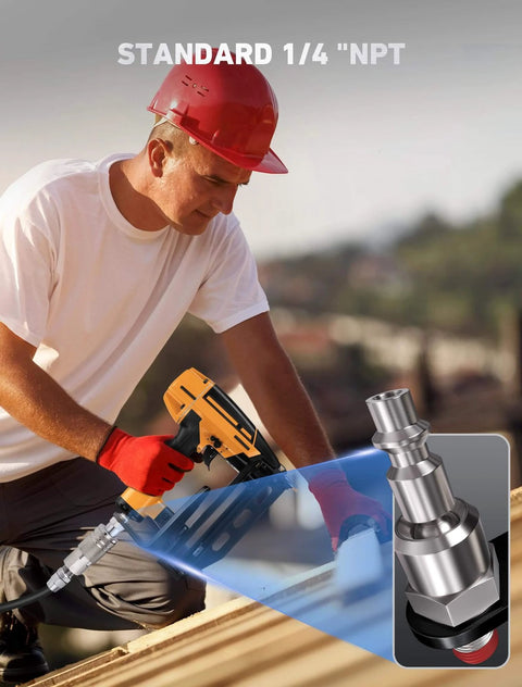 Worker using Pneumatic Tool Rafter Hook Hanger with 1/4 Inch & 360° Swivel Air Fitting attached to air tool on ladder