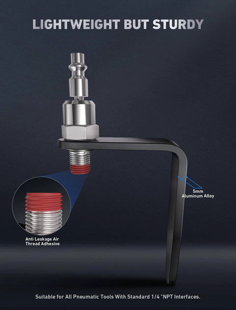 Pneumatic Tool Rafter Hook Hanger with 1/4 Inch & 360° Swivel Air Fitting, 5mm aluminum alloy design with thread sealant