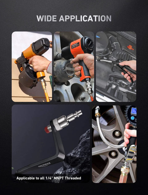 Usage of pneumatic tool rafter hook hanger with 1/4 inch & 360° swivel air fitting shown with air nailer, air hammer, air blow gun