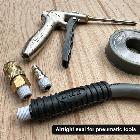 ThreadPro High Density PTFE Thread Seal Tape used with pneumatic tool fittings on a wooden surface