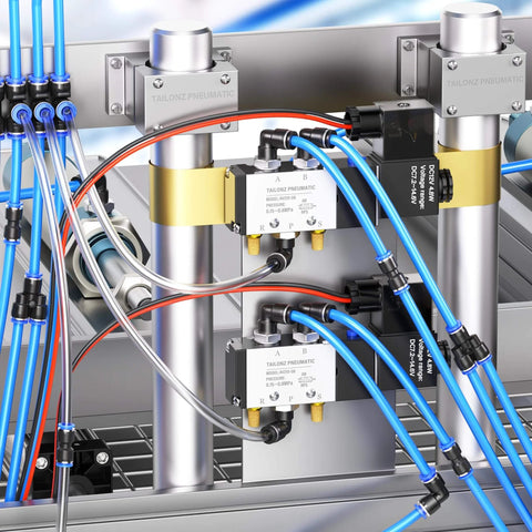 Installed 1/2 Inch OD Push To Connect Pneumatic Fittings Kit 30 Piece Set with air lines and fittings visible