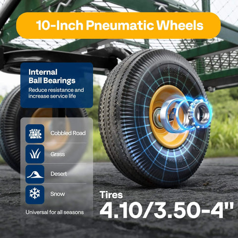 10-Inch Pneumatic Wheels for Heavy Duty Mesh Steel Garden Cart Folding Utility Wagon with 880 Lb Capacity, 4.10/3.50-4 tires.