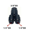 Pneumatic Push To Connect Y Splitter Reducer Fitting Three Eighths Inch By One Quarter Inch By One Quarter Inch Outer Diameter Air Line Quick Connect Black Tube Fitting With Push Lock For Fast Easy Installation Durable PBT Plastic Pack Of Five, front view showing 3/8 inch and dual 1/4 inch outer diameters.