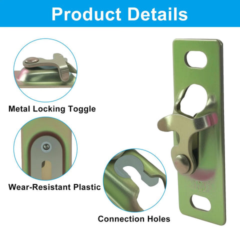 Two Set Pocket Door Hardware Kit For RV Sliding Doors Including Interior Hanger Rollers And Connection Plates Durable Heavy Duty Construction Complete Set With Four Hanger Plates And Eight Screws For Easy RV Interior Sliding Door Installation product details showing metal locking toggle, wear-resistant plastic, and connection holes.