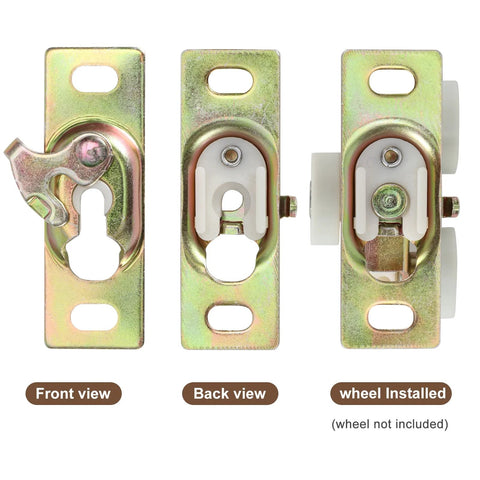 Pocket Door Rollers Connection Plate Set For Sliding Doors And RV Pocket Doors, Zinc Plated Heavy Duty Hanger Plates 3"x1", front, back, installed view.