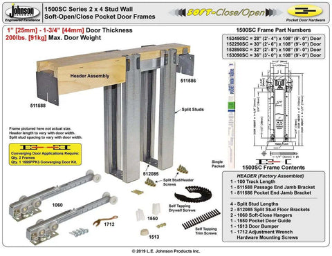 Soft Close Pocket Door Frame Kit for 2x4 Stud Walls 32x80 Inches Built for Heavy Duty Commercial Grade Steel With Smooth Quiet Closure diagram
