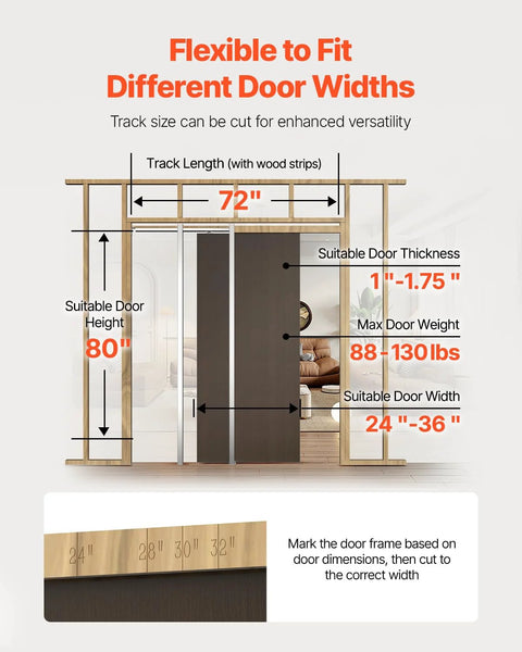 Diagram of Pocket Door Frame Kit For 24-36 Inch Wide Doors, 80 Inch High, featuring adjustable measurements and installation guide.