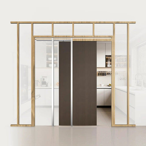 Pocket Door Frame Kit For 24-36 Inch Wide Doors, 80 Inch High, installed in a kitchen, wooden frame, sliding door visible