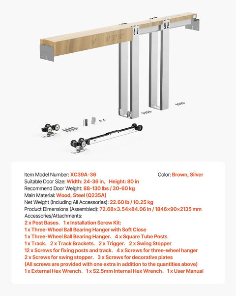 Pocket Door Frame Kit For 24-36 Inch Wide Doors, 80 Inch High, Two-Way Soft Close Mechanism, Premium Galvanized Steel Construction