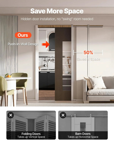Pocket Door Frame Kit For 24-36 Inch Wide Doors, 80 Inch High, installed in living room to save space, showing push-in-wall design