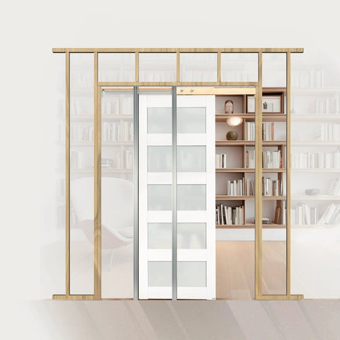 Installed Sliding Pocket Door 30 X 80 With 5 Lite Frosted Glass And Hardware Kit Solid Wood And MDF Slab, library setting