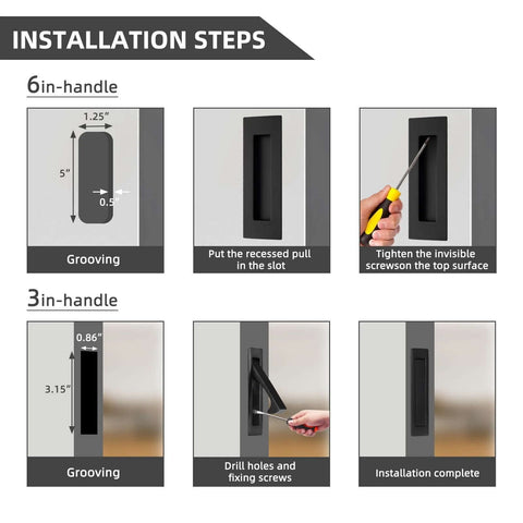 Installation steps for Pocket Door Handles And Edge Pulls In Matte Black Finish, showing grooving and fixing procedure.
