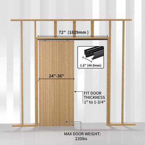 Pocket Door Hardware And Track Set 72 Inch Sliding Door Aluminum Alloy Box Rail For Single Wooden Door Black High Strength Construction