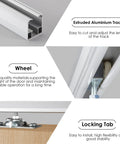 Close-up of Pocket Door Hardware And Track Kit With 72 Inch Aluminum Box Rail For 24 To 36 Inch Wide Single Door Commercial Grade Rust Resistant Construction with nylon rollers and locking tab.