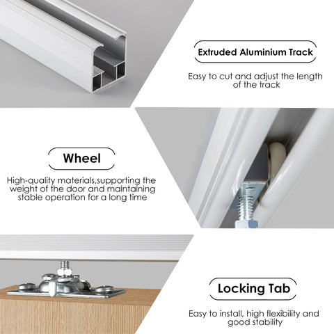 Close-up of Pocket Door Hardware And Track Kit With 72 Inch Aluminum Box Rail For 24 To 36 Inch Wide Single Door Commercial Grade Rust Resistant Construction with nylon rollers and locking tab.