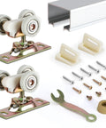 Complete Pocket Door Hardware Kit With 48 Inch Aluminum Track And Two One Inch Nylon Ball Bearing Hangers shown with components