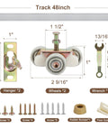 Complete Pocket Door Hardware Kit With 48 Inch Aluminum Track And Two One Inch Nylon Ball Bearing Hangers, Door Guides And Bumper Stop, includes hangers, wheels, screws, wrench, rubber bumper, and floor guide displayed with dimensions.