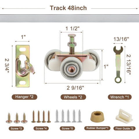 Complete Pocket Door Hardware Kit With 48 Inch Aluminum Track And Two One Inch Nylon Ball Bearing Hangers, Door Guides And Bumper Stop, includes hangers, wheels, screws, wrench, rubber bumper, and floor guide displayed with dimensions.
