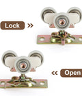 Complete Pocket Door Hardware Kit with 48 Inch Aluminum Track and Two One Inch Nylon Ball Bearing Hangers showing lock and open positions.