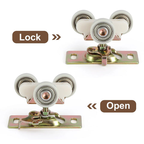 Complete Pocket Door Hardware Kit with 48 Inch Aluminum Track and Two One Inch Nylon Ball Bearing Hangers showing lock and open positions.