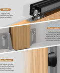 Close-up of Pocket Door Hardware and Track Set 72 Inch Sliding Door Aluminum Alloy Box Rail installation components including wheel, guides, and bumper.