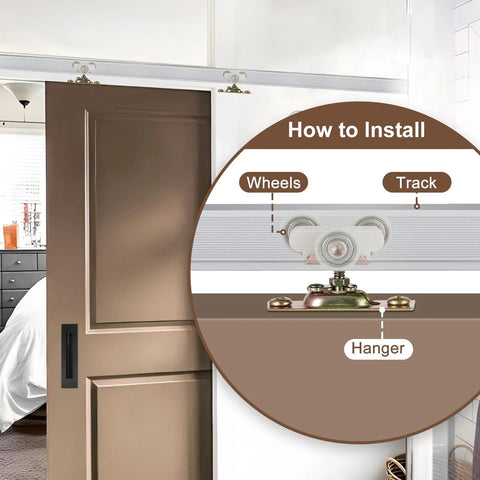 Complete Pocket Door Hardware Kit With 48 Inch Aluminum Track And Two One Inch Nylon Ball Bearing Hangers, Door Guides And Bumper Stop, Fits Part Numbers 1125 And Upgrades 1500, One And One Quarter Inch Center To Center, Suitable For Minimum 1 Inch Thick installed view.