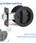 Pocket Door Keyed Lock With Flush Handles For Recessed 2 Sided Sliding Barn Door Latch, Round Contemporary Entrance Hardware, 2-3/8 Inch Backset, Matte Black Finish, Easy Grip Lever For Left Or Right Handed Doors